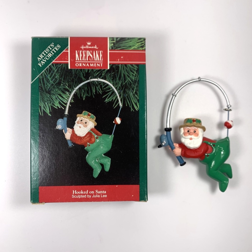 Hallmark Vintage 1991 Keepsake Hooked on Santa Fishing Pole Ornament